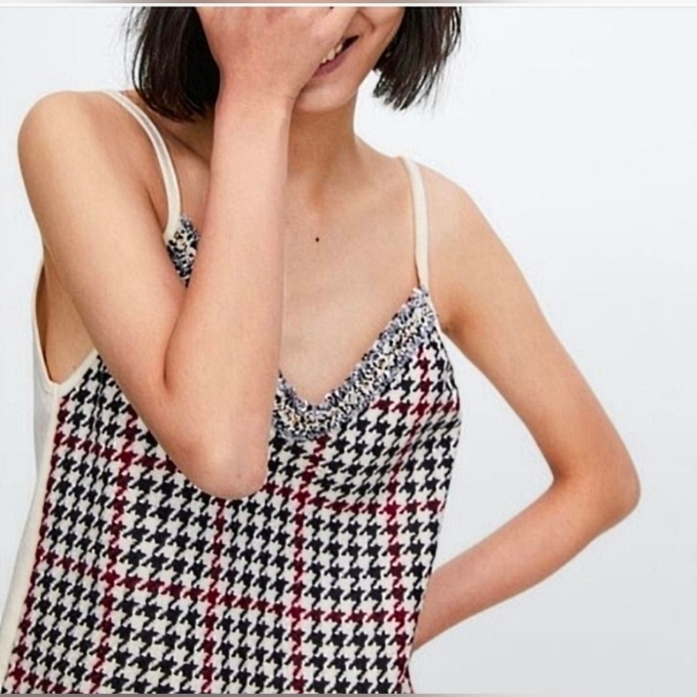 ZARA Knit Tank Houndstooth w/ Faux Suede Mix Media Size S - Like NEW